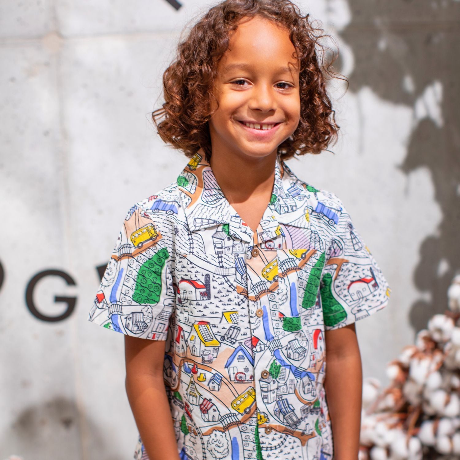 Village Print Boys and Girls Button Up Shirt