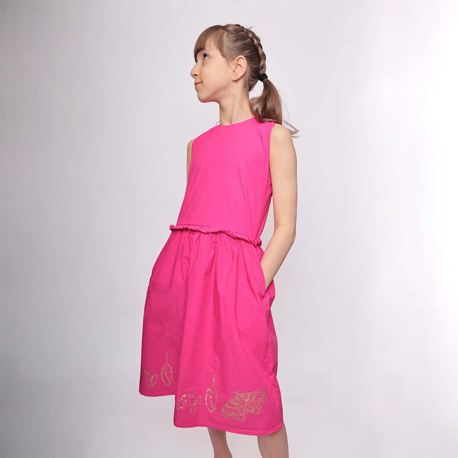 Pink Flower Girl Dress with Golden Hand Block Print