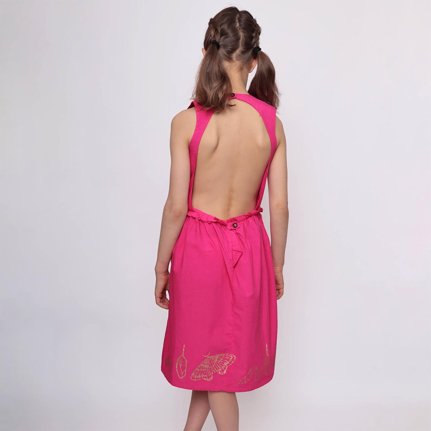 Pink Flower Girl Dress with Golden Hand Block Print