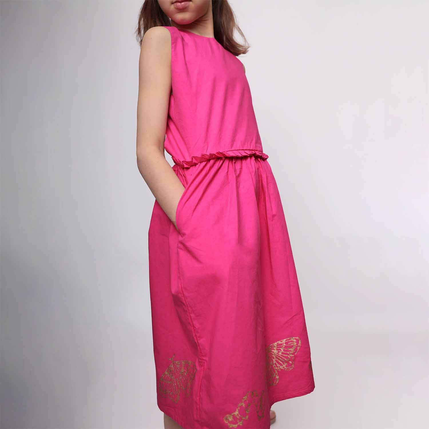 Pink Flower Girl Dress with Golden Hand Block Print