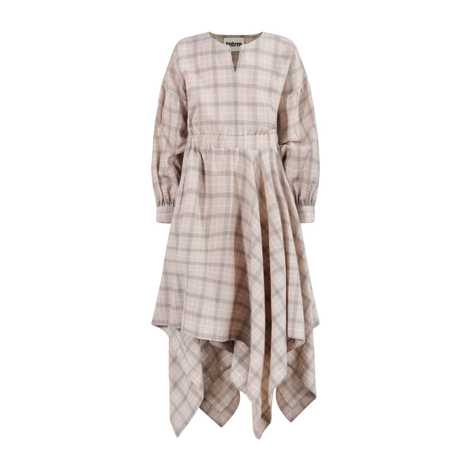 The Drama Dress — Beige Check Seersucker