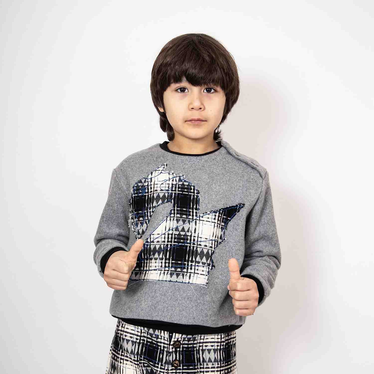 Grey Fleece Sweatshirt with Dragon Appliqué