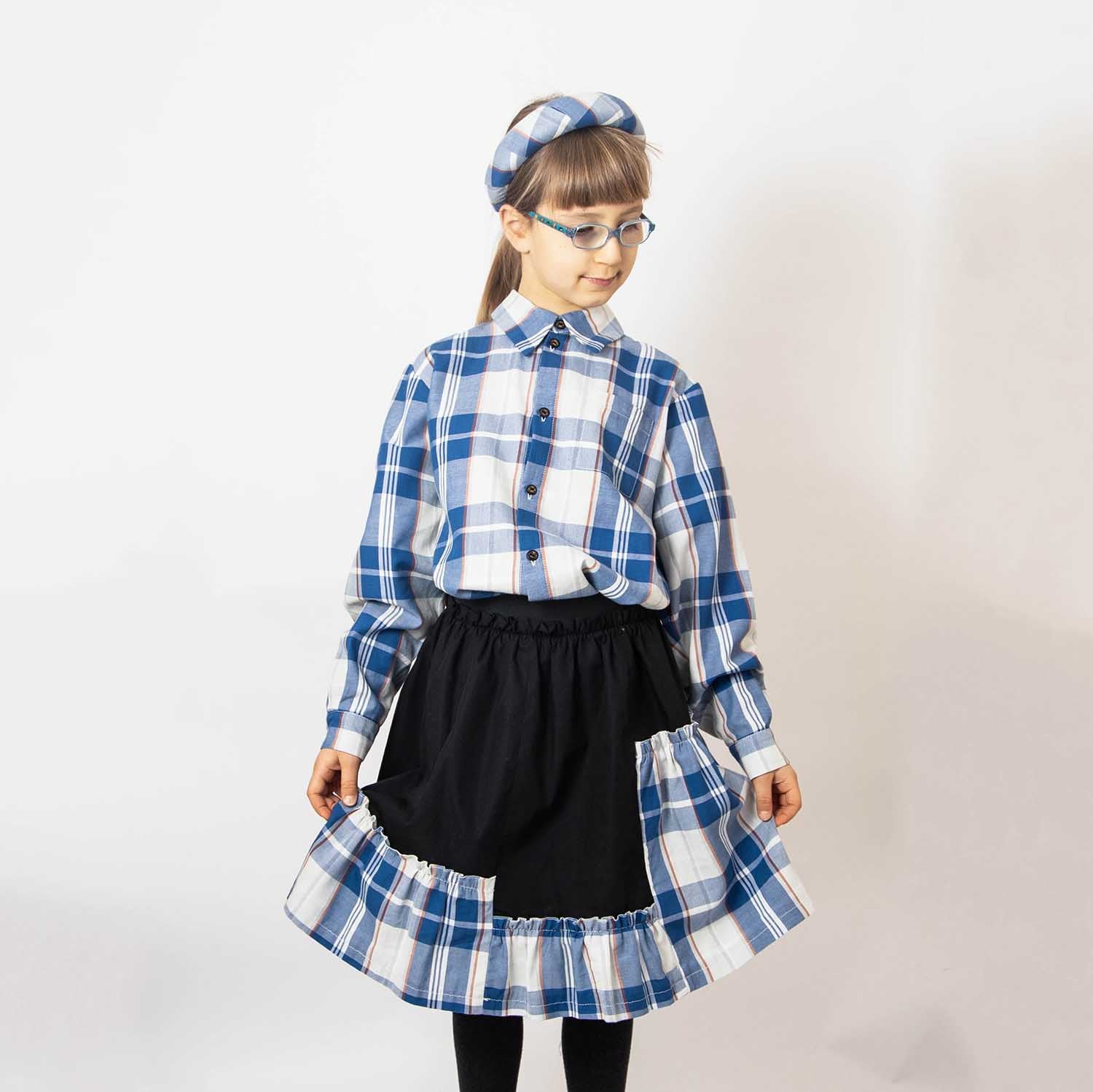 Meisjes Zwarte Rok met Tartan Detail in Blauw & Wit