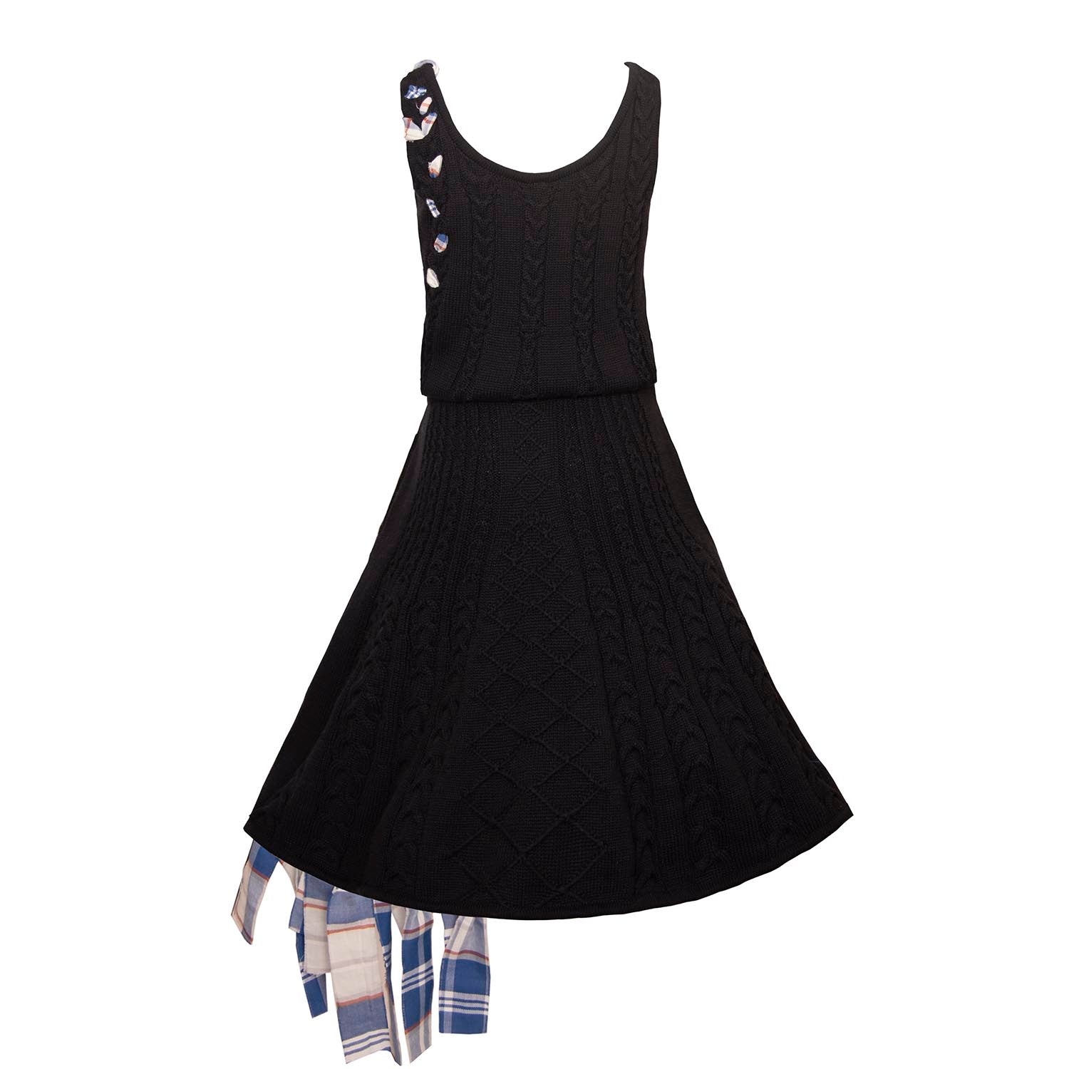 Girls Black Cable Knit Dress with Blue Tartan Details