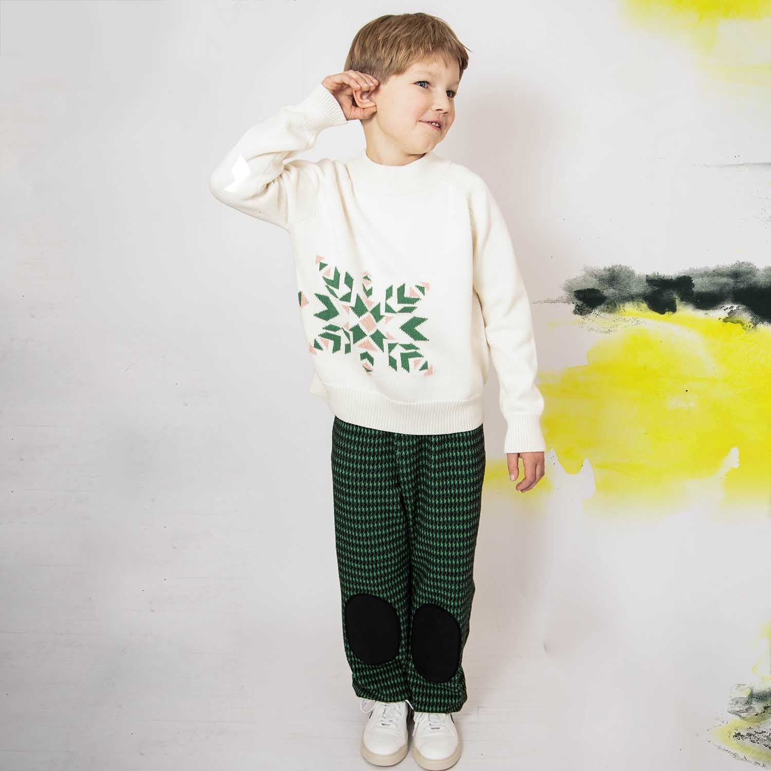 Black and Green pied de poule Kids Pants with Knee Patches