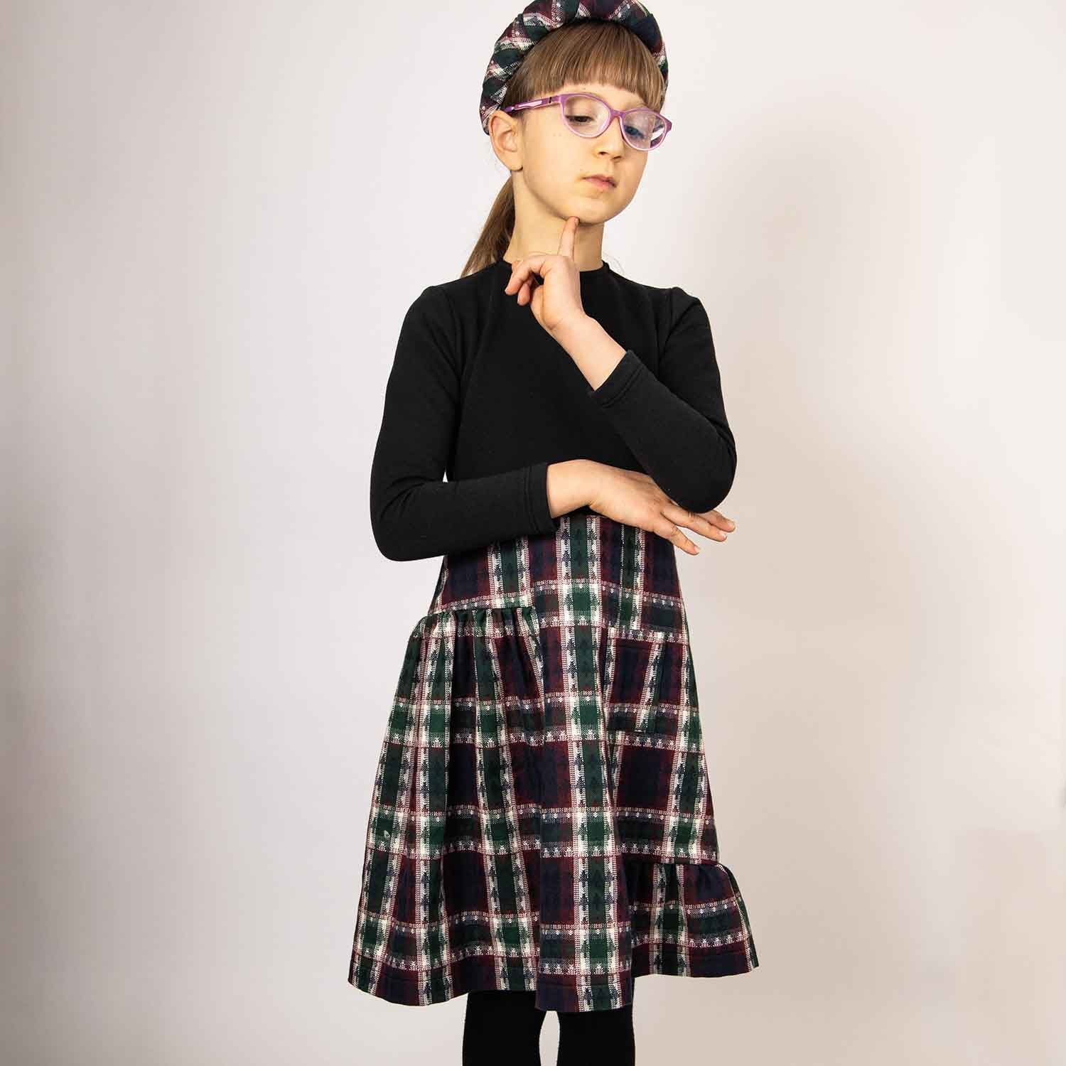 Black Dress with Tartan Skirt in Red & Green