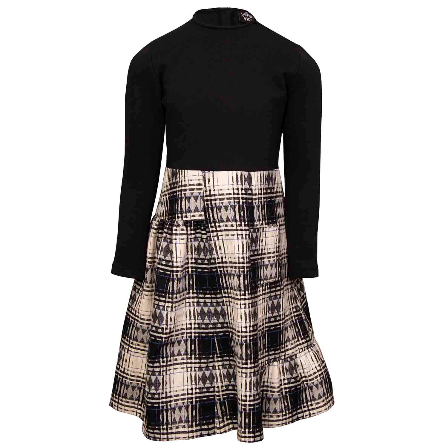 Schwarzes Mädchenkleid mit Schottenrock in Schwarz und Weiß