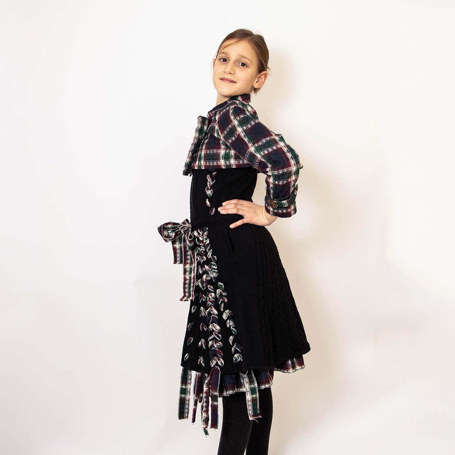 Girls Black Cable Knit Dress with Red Tartan Details