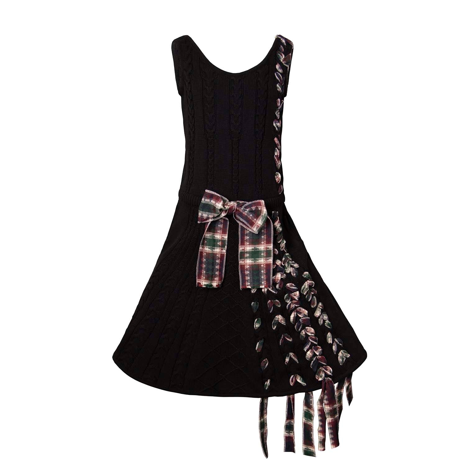 Girls Black Cable Knit Dress with Red Tartan Details
