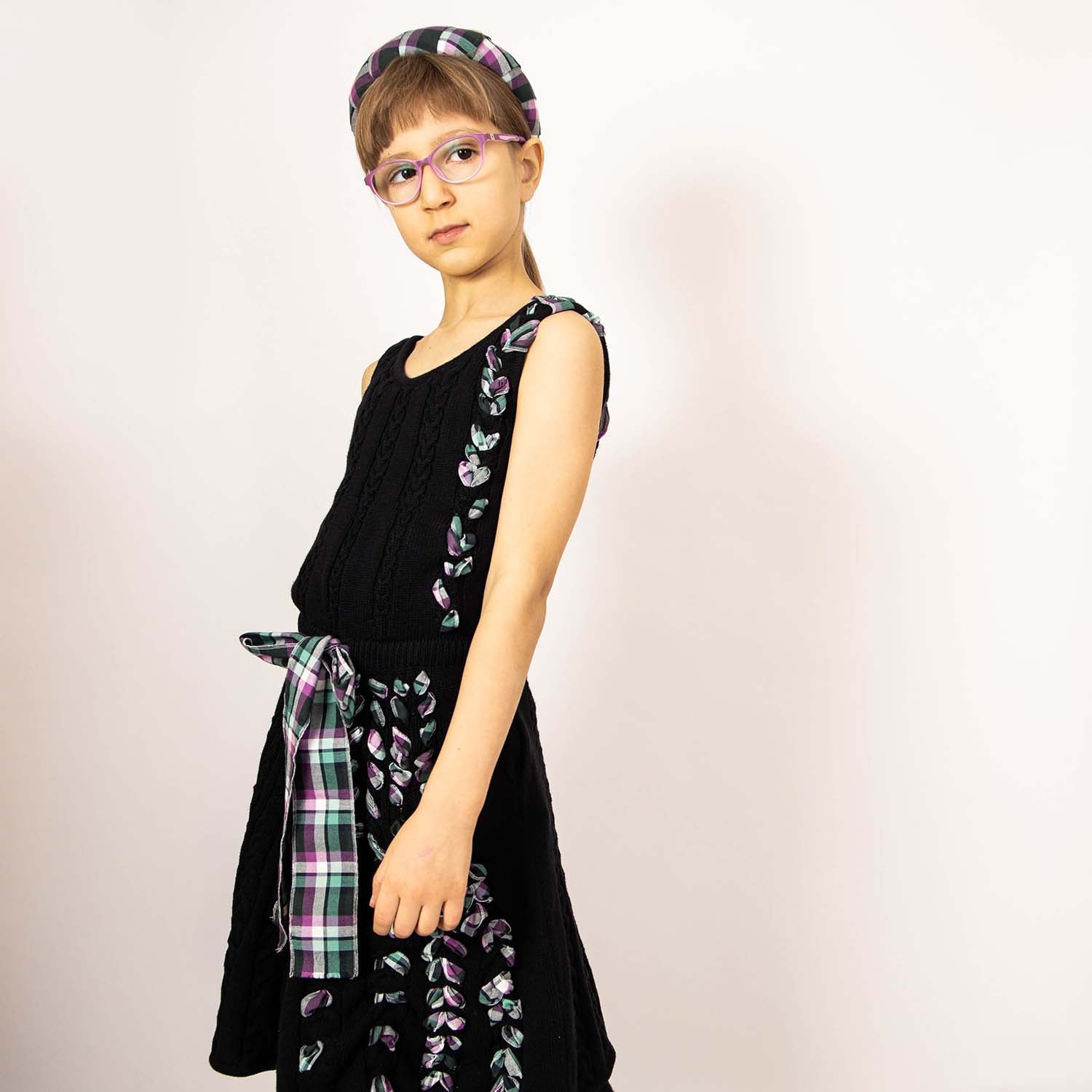 Black Cable Knit Dress with Purple Tartan Details