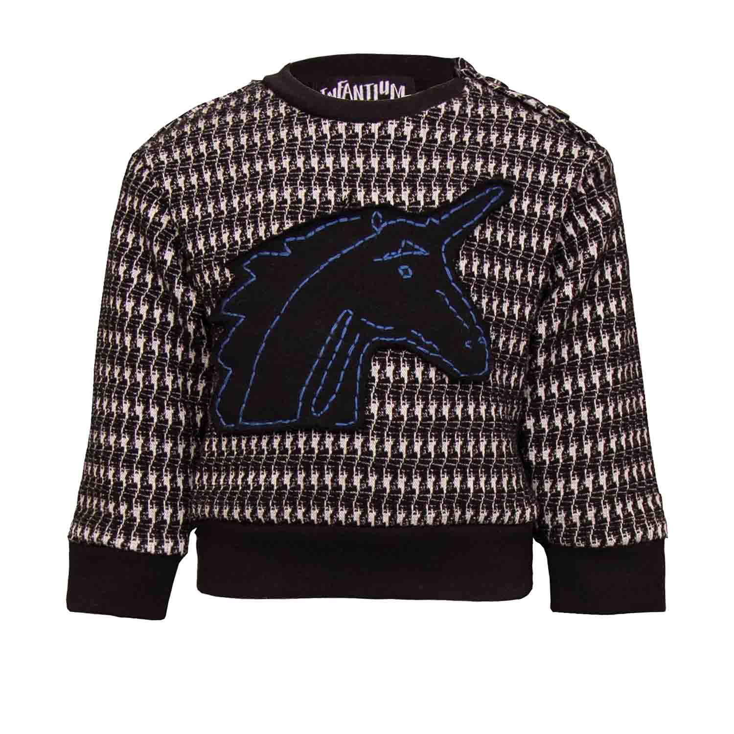 Black and white pied de poule Baby Sweatshirt with Unicorn Appliqué