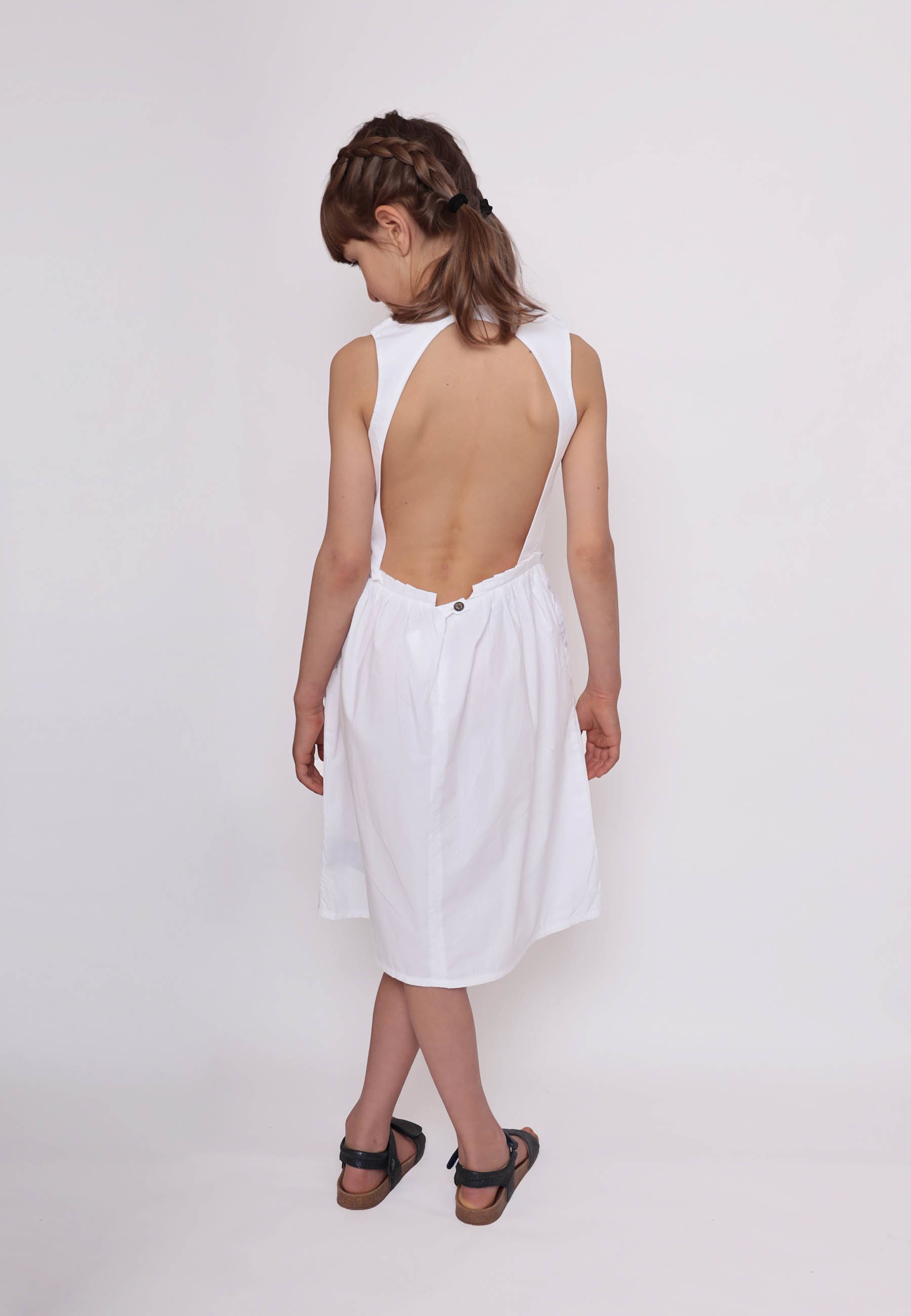 White Dress with Cutout Back and Ladybug Hand Embroidery
