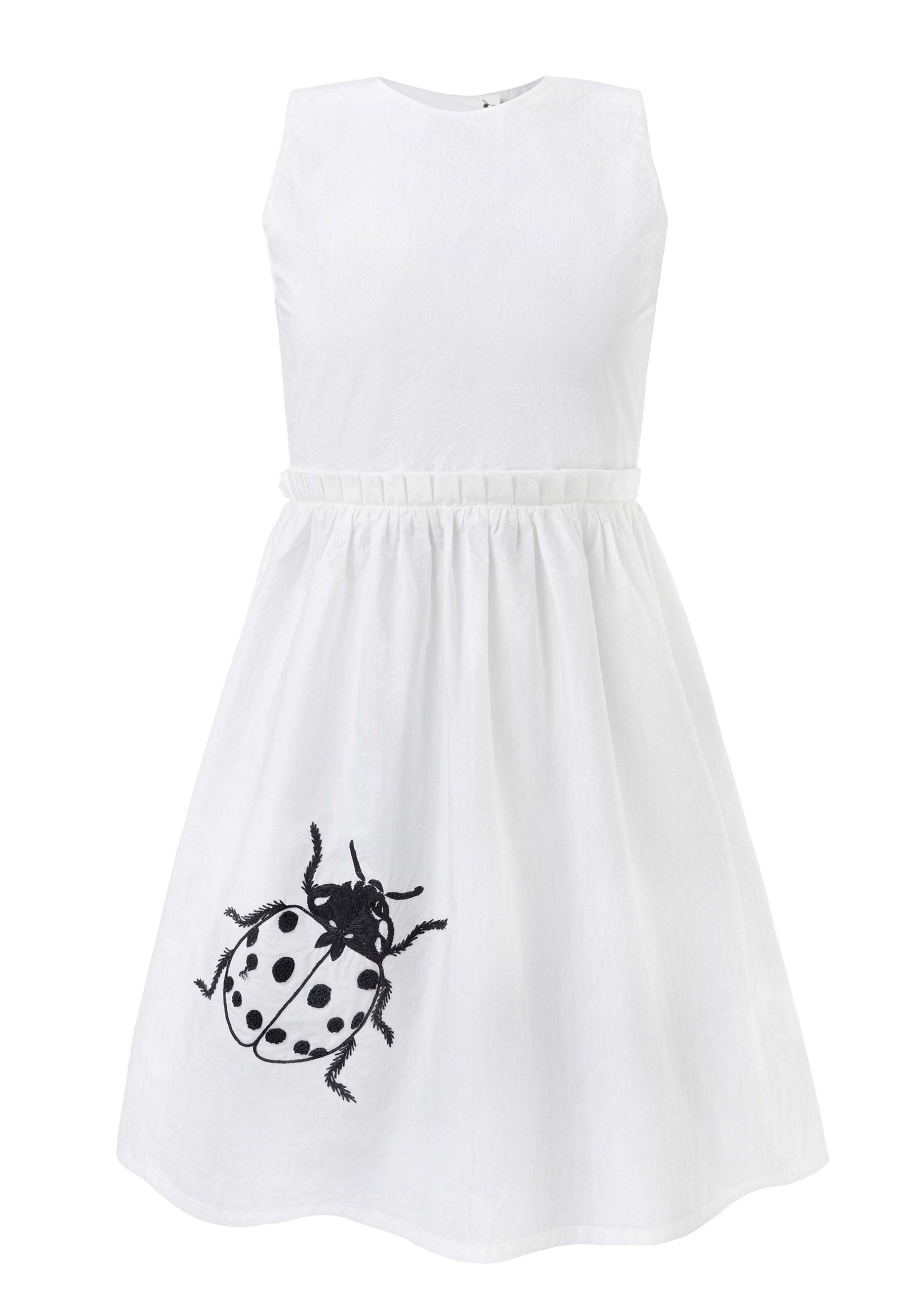 White Dress with Cutout Back and Ladybug Hand Embroidery