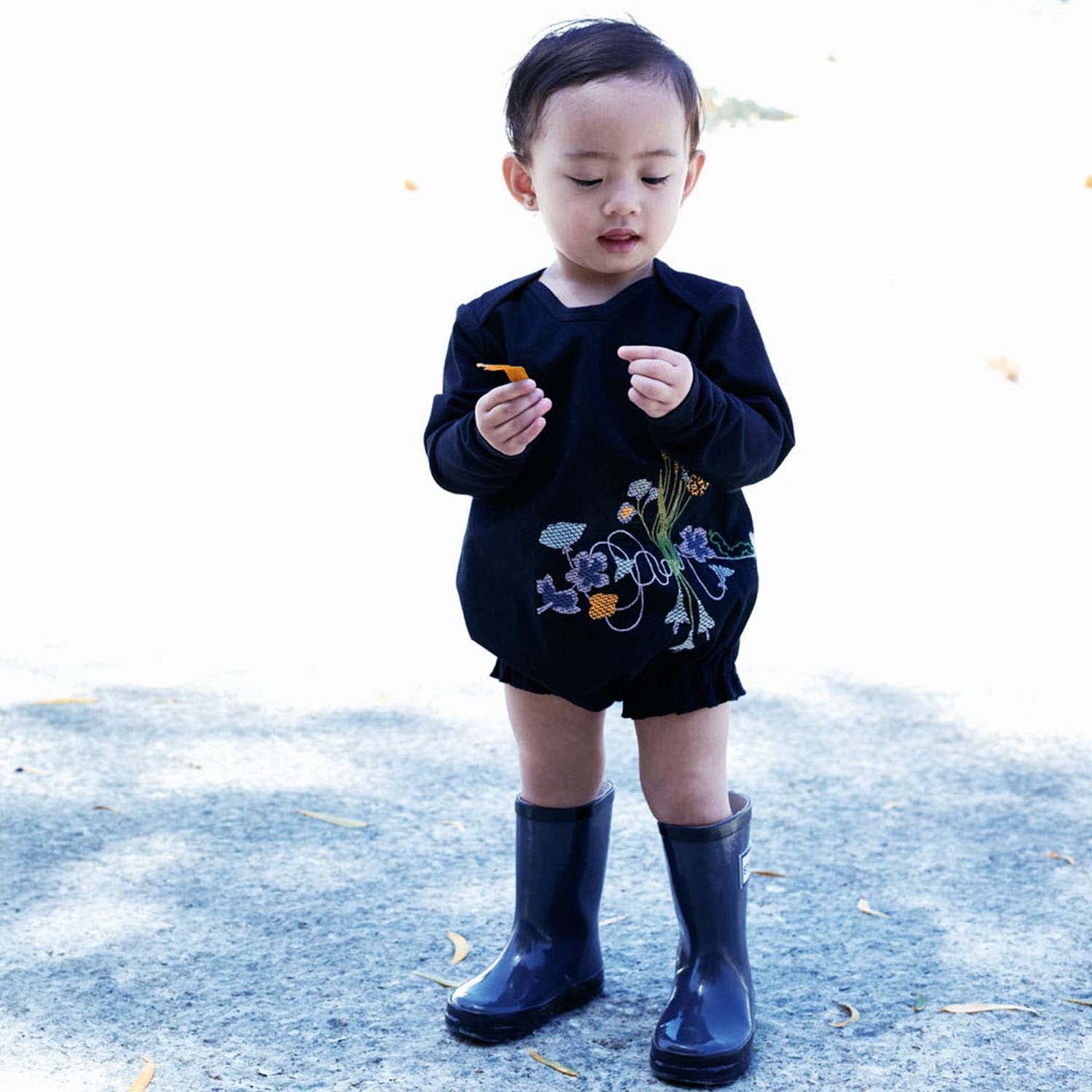Black Onesie with Floral Embroidery