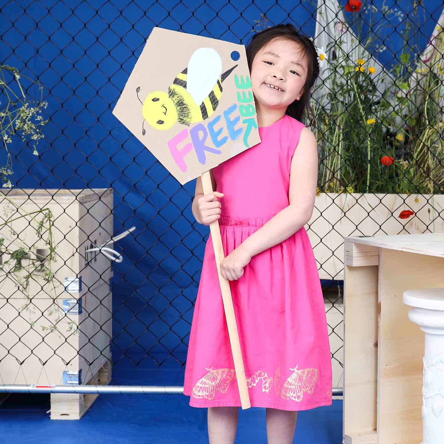 Pink Flower Girl Dress with Golden Hand Block Print