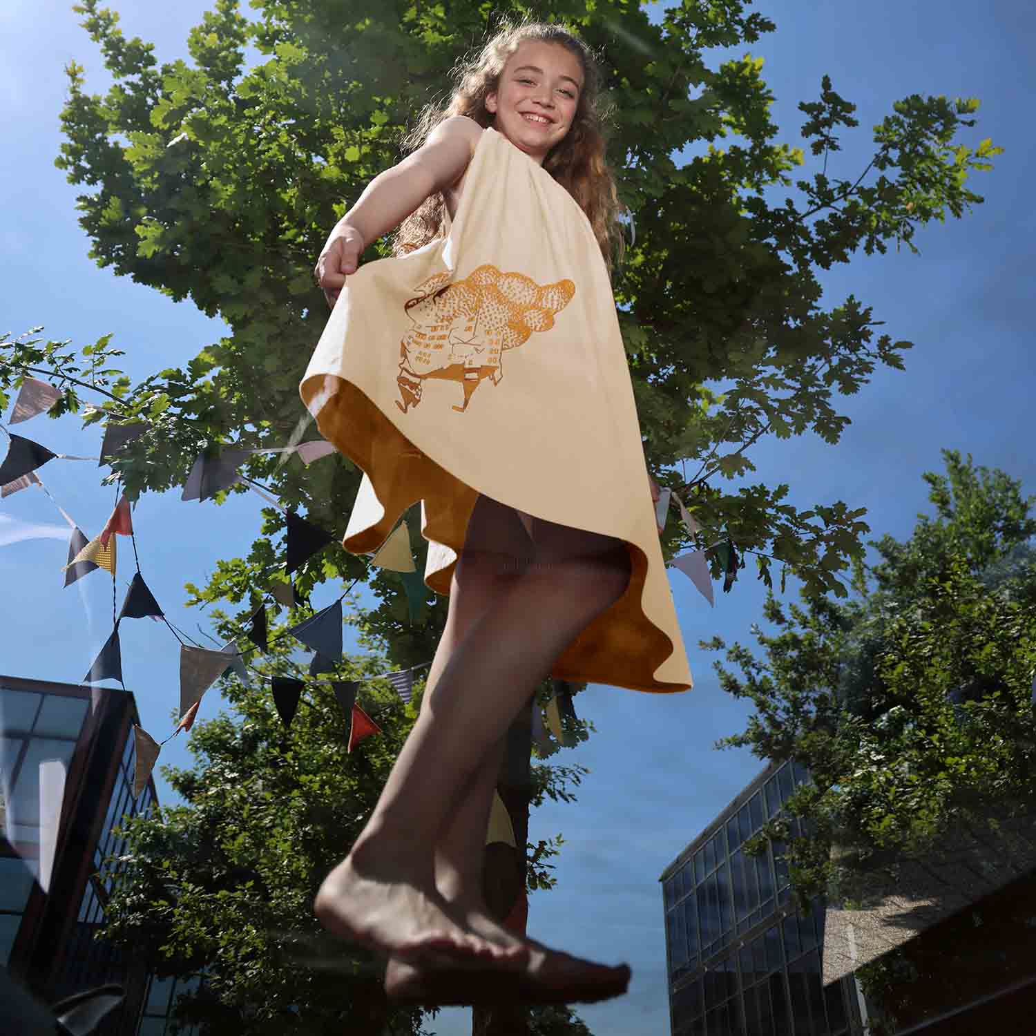Beige Girls Boho Dress with Golden Castle Embroidery