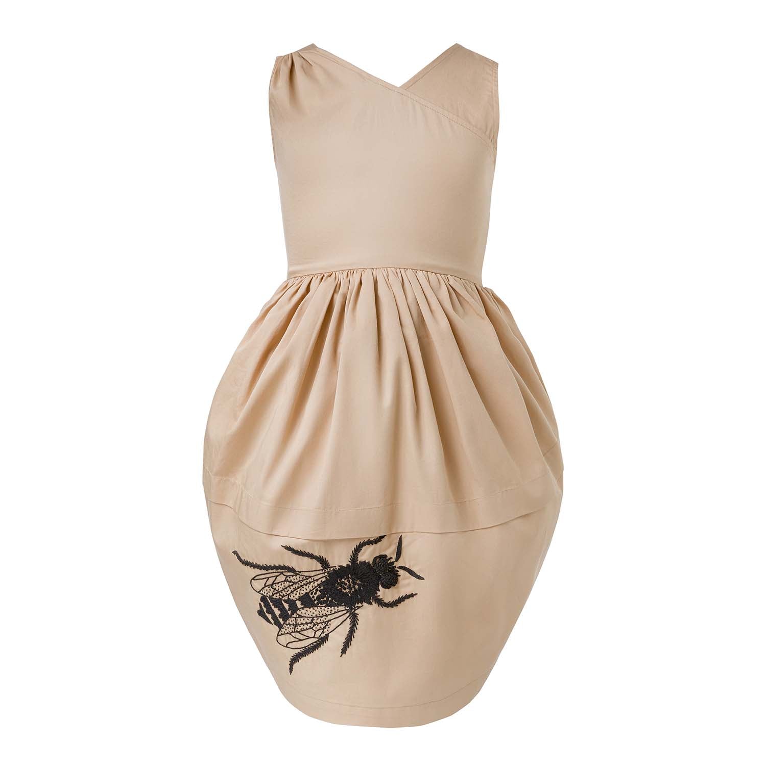 Beiges Kleid mit Bienen-Handstickerei