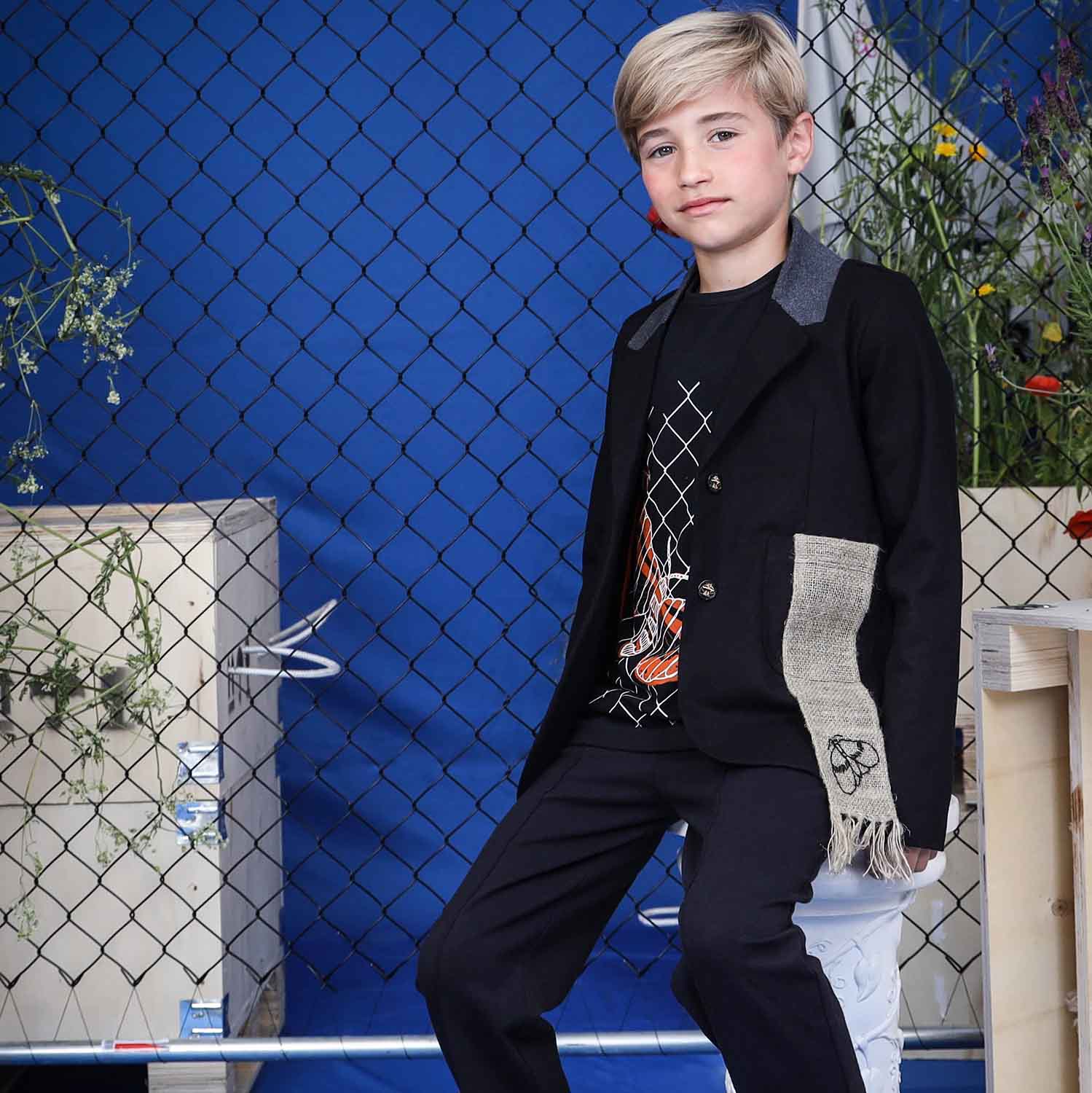 Kids' Black Tailored Jacket with Hemp Sash