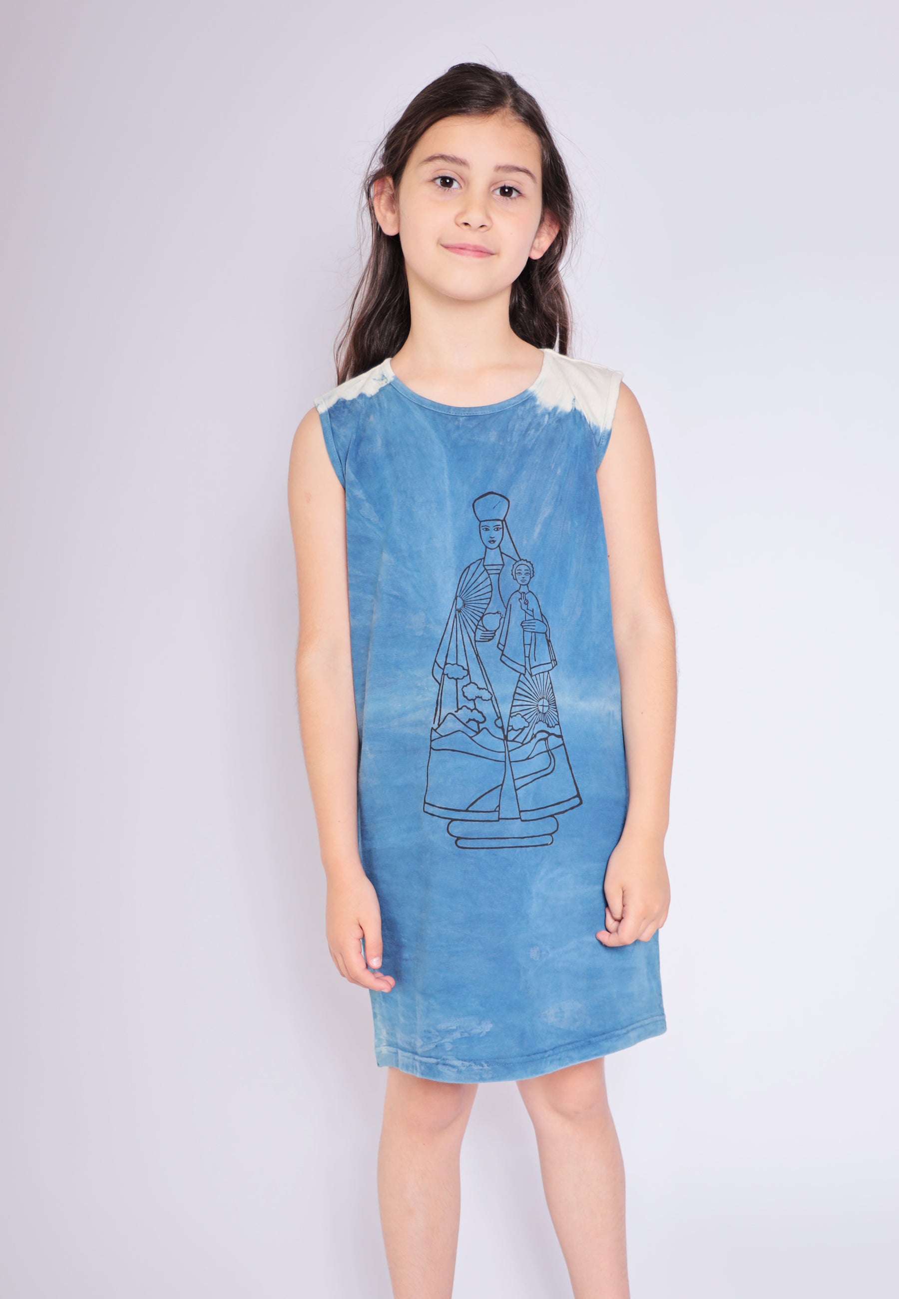 Artisanal T-Shirt Kleid natürlich gefärbt Indigo mit Hand Block drucken