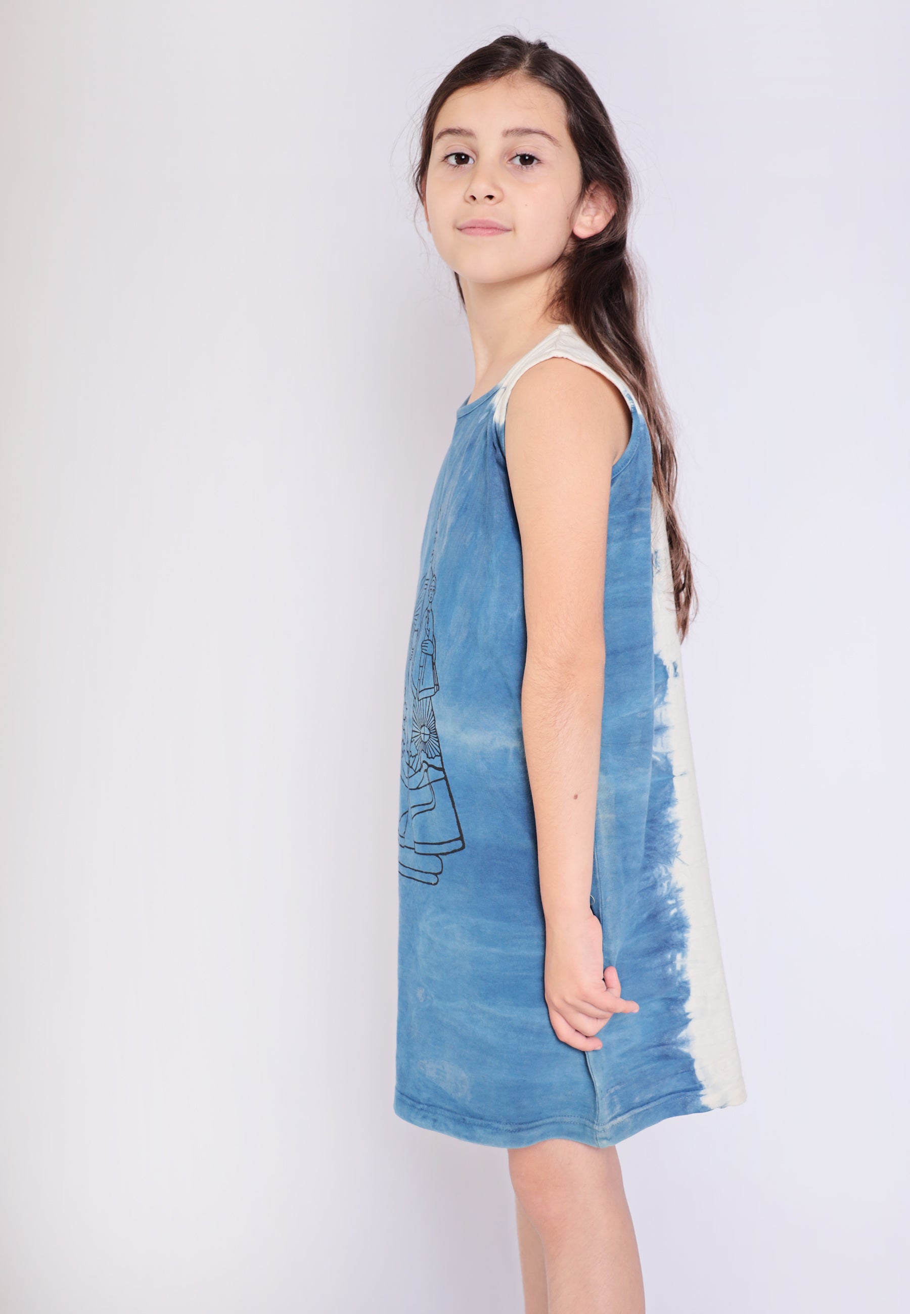 Artisanal T-Shirt Kleid natürlich gefärbt Indigo mit Hand Block drucken