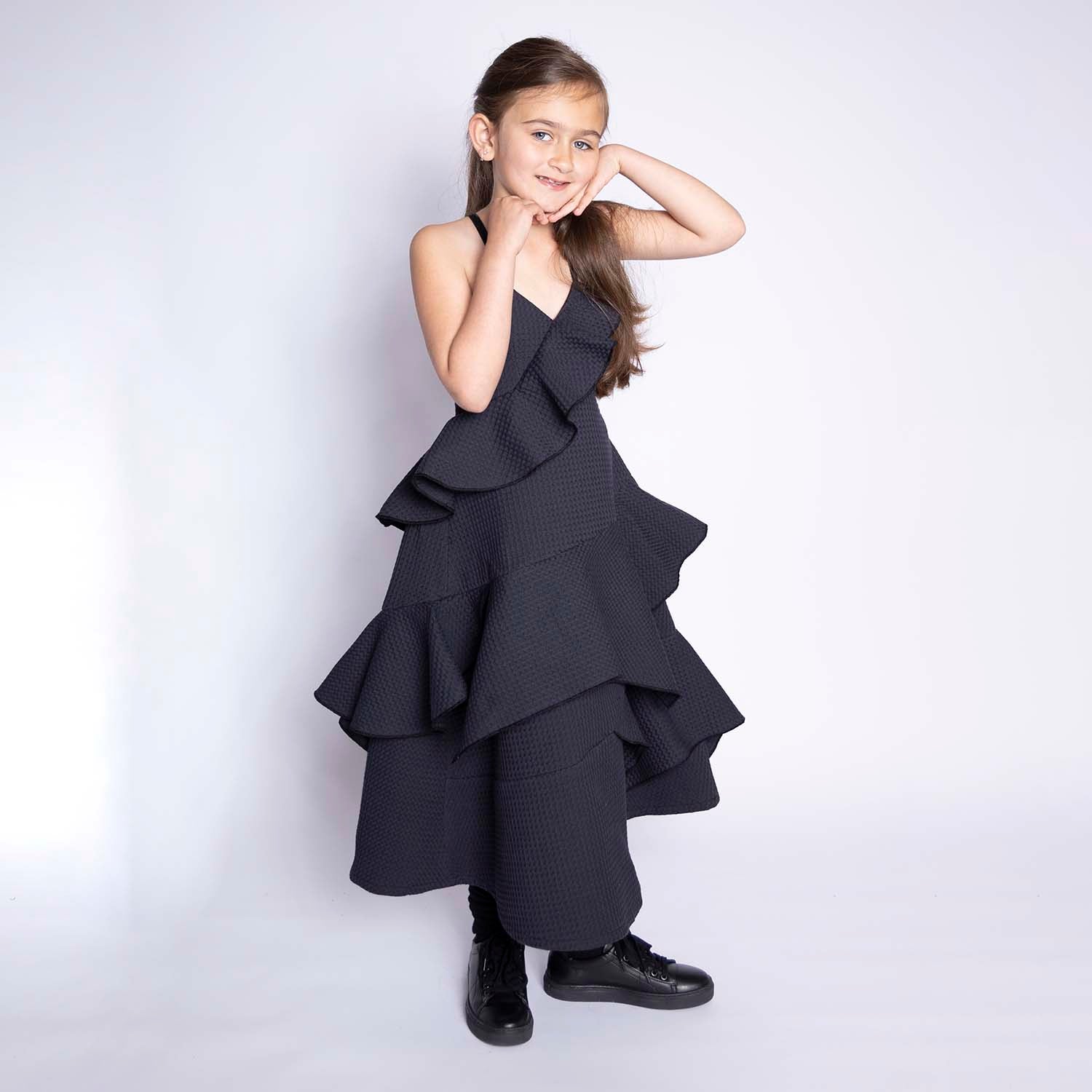 Black Waffle Cotton Gown for Girls