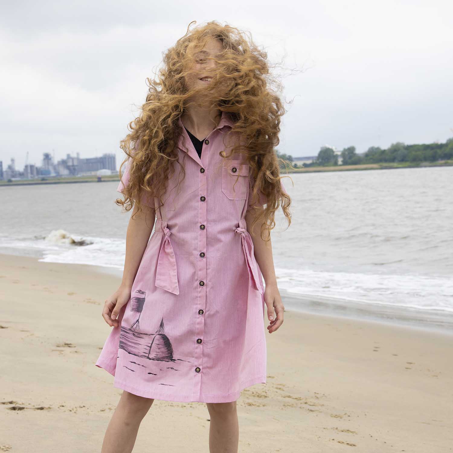 Hand-Painted Pink Safari Dress for Girls Limited Edition, GOTS
