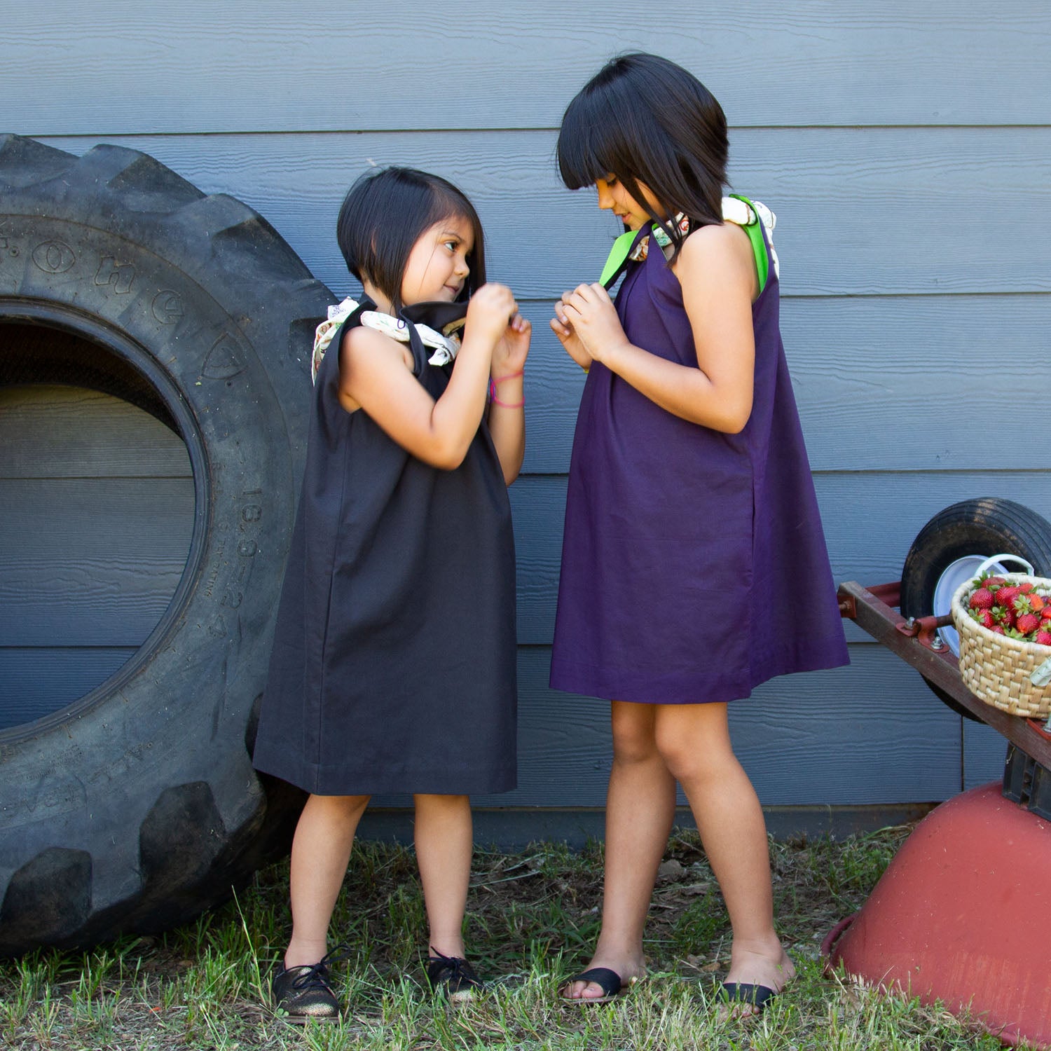 Purple Dress with Embroidered Scarf and Wooden Charm