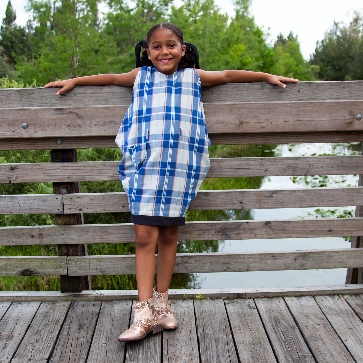 Blue and White Girls Tartan Dress