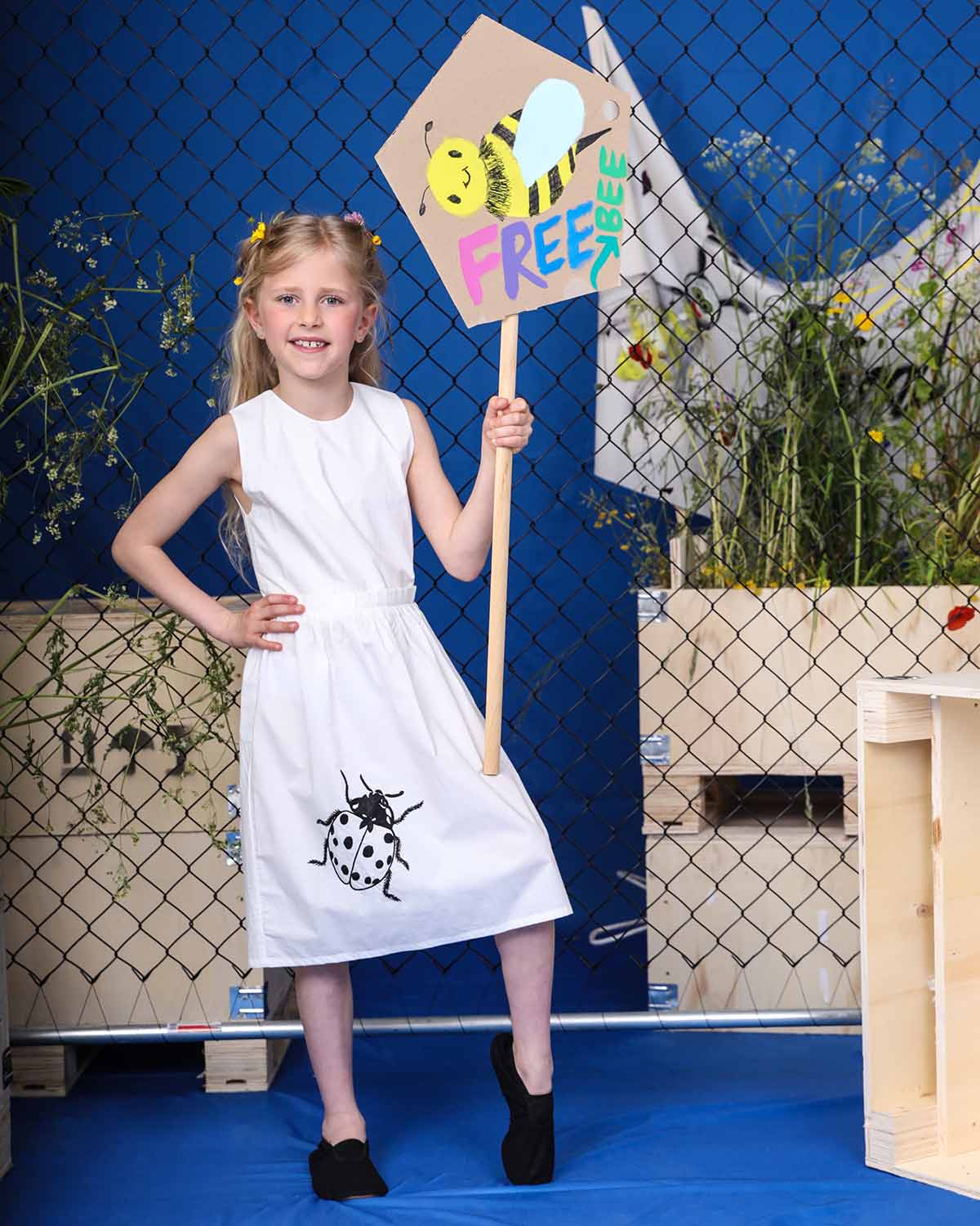 White Dress with Cutout Back and Ladybug Hand Embroidery