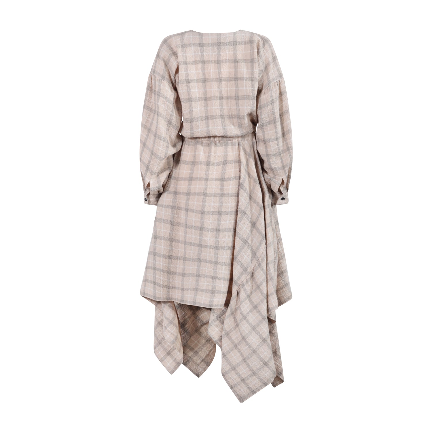 The Drama Dress — Beige Check Seersucker