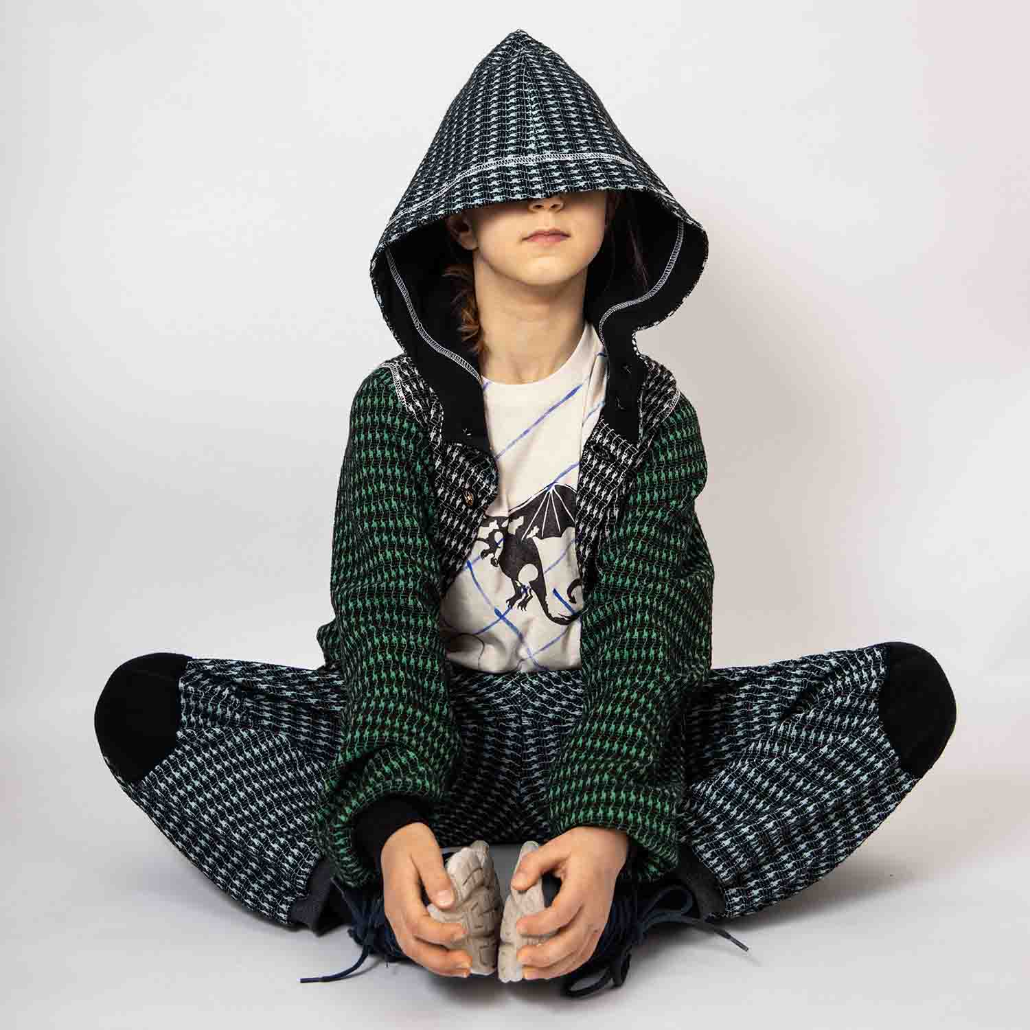 Black and Blue pied de poule Kids Pants with Knee Patches