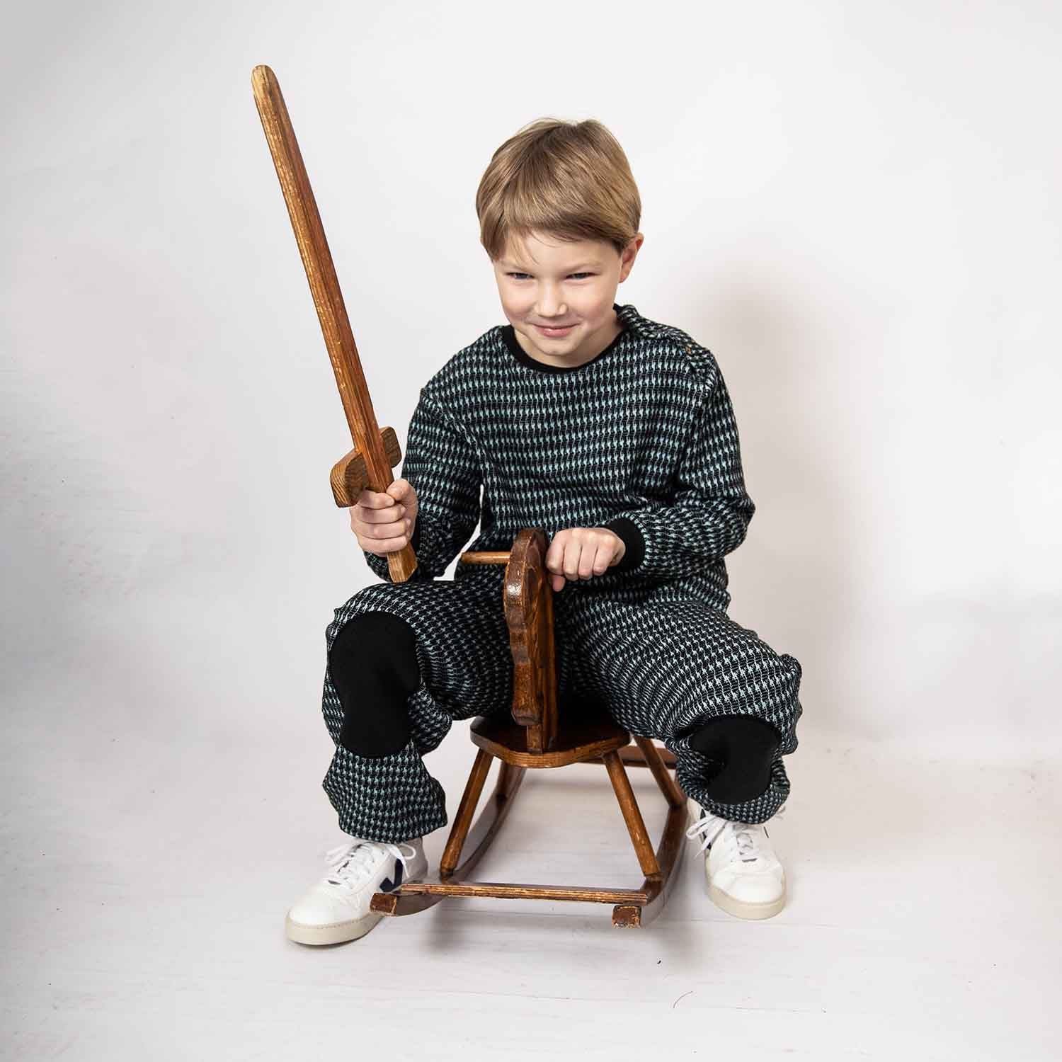 Black and Blue pied de poule Kids Pants with Knee Patches