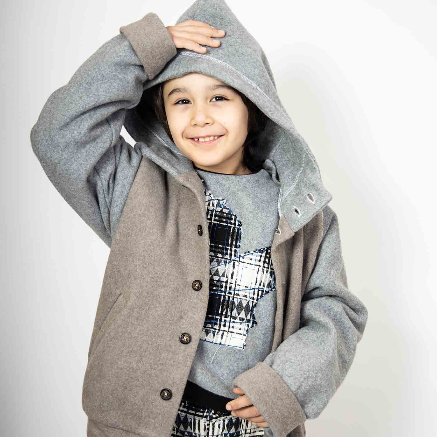 Beige Fleece Hoodie for Kids with Dragon Applique