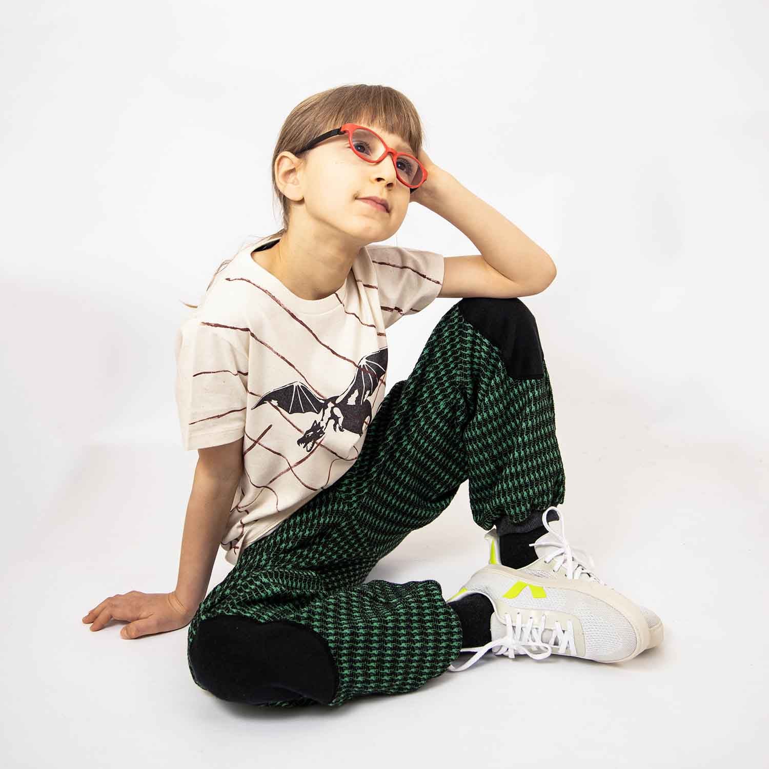 Black and Green pied de poule Kids Pants with Knee Patches