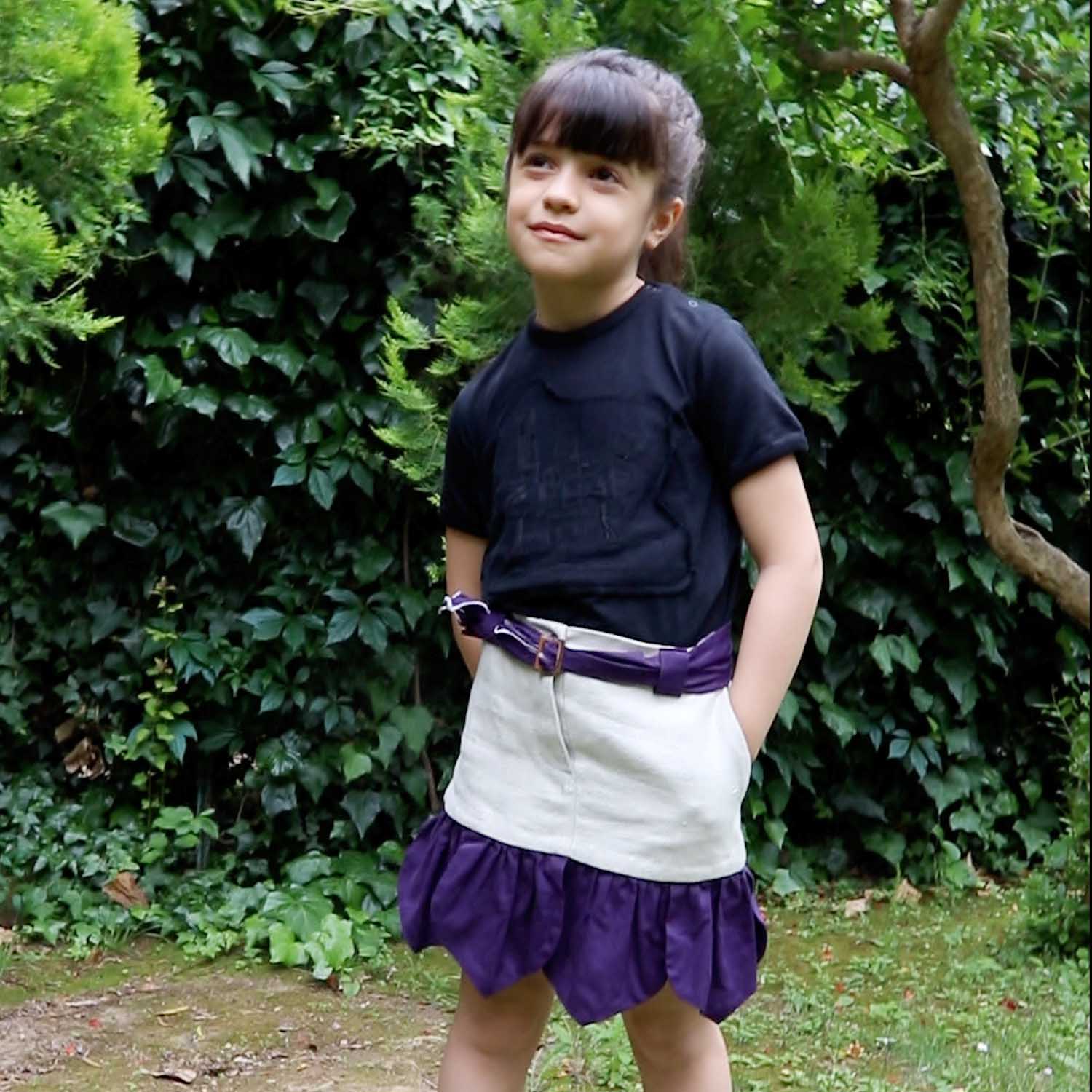 Girls Beige Mini Skirt with Purple Flower Petals