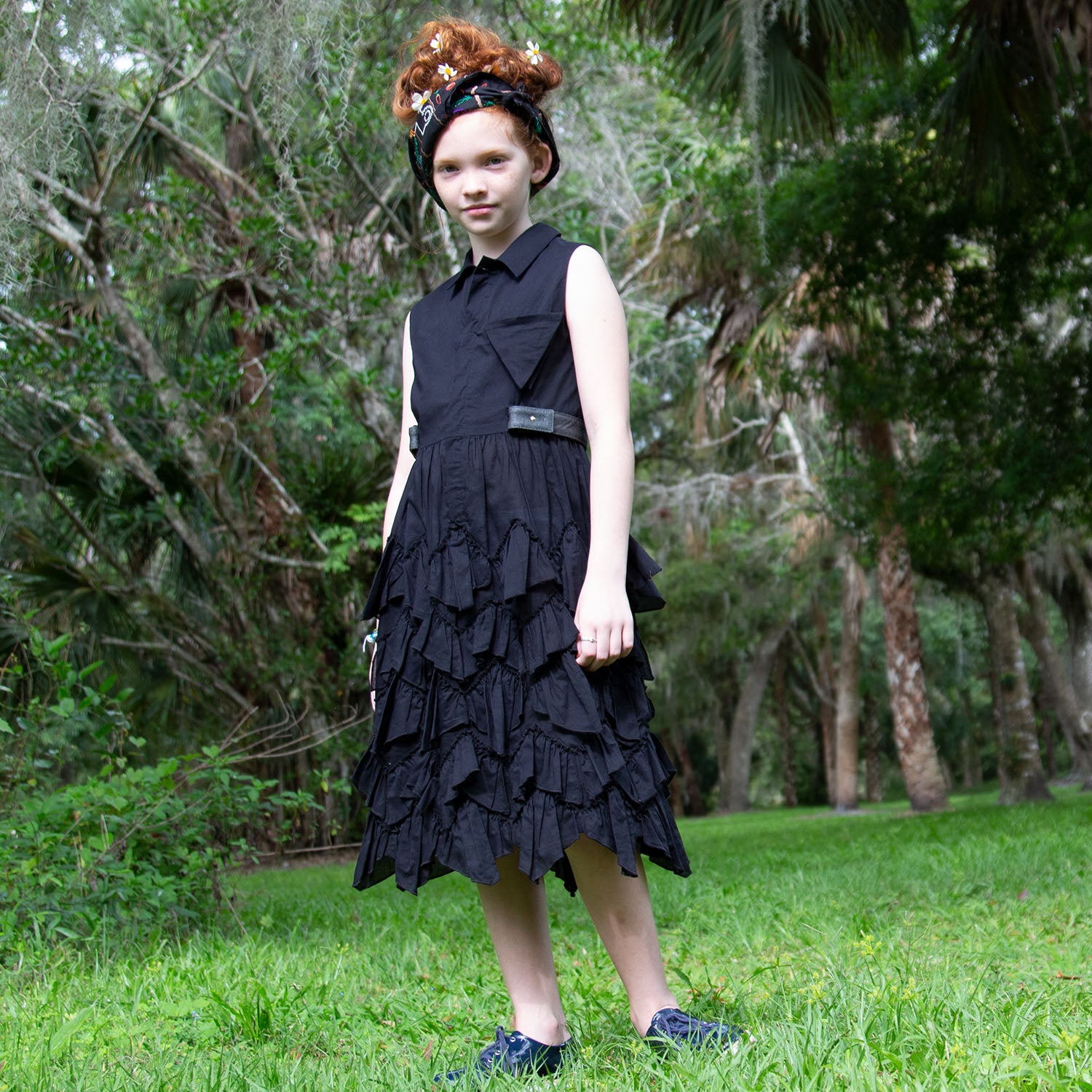black shirt dress girls with ruffles, black cotton dress maxi dress for girls