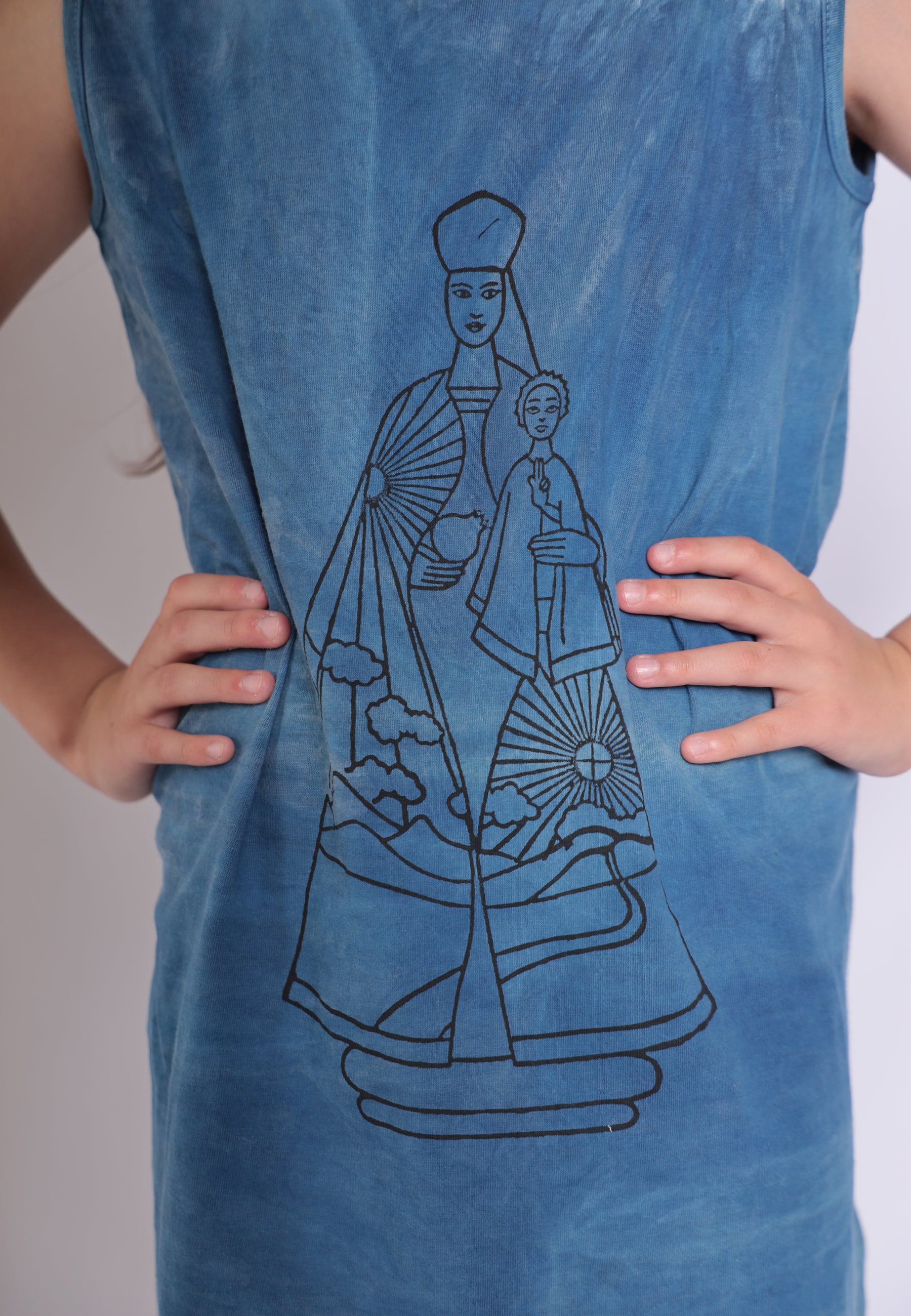 Artisanal T-Shirt Kleid natürlich gefärbt Indigo mit Hand Block drucken