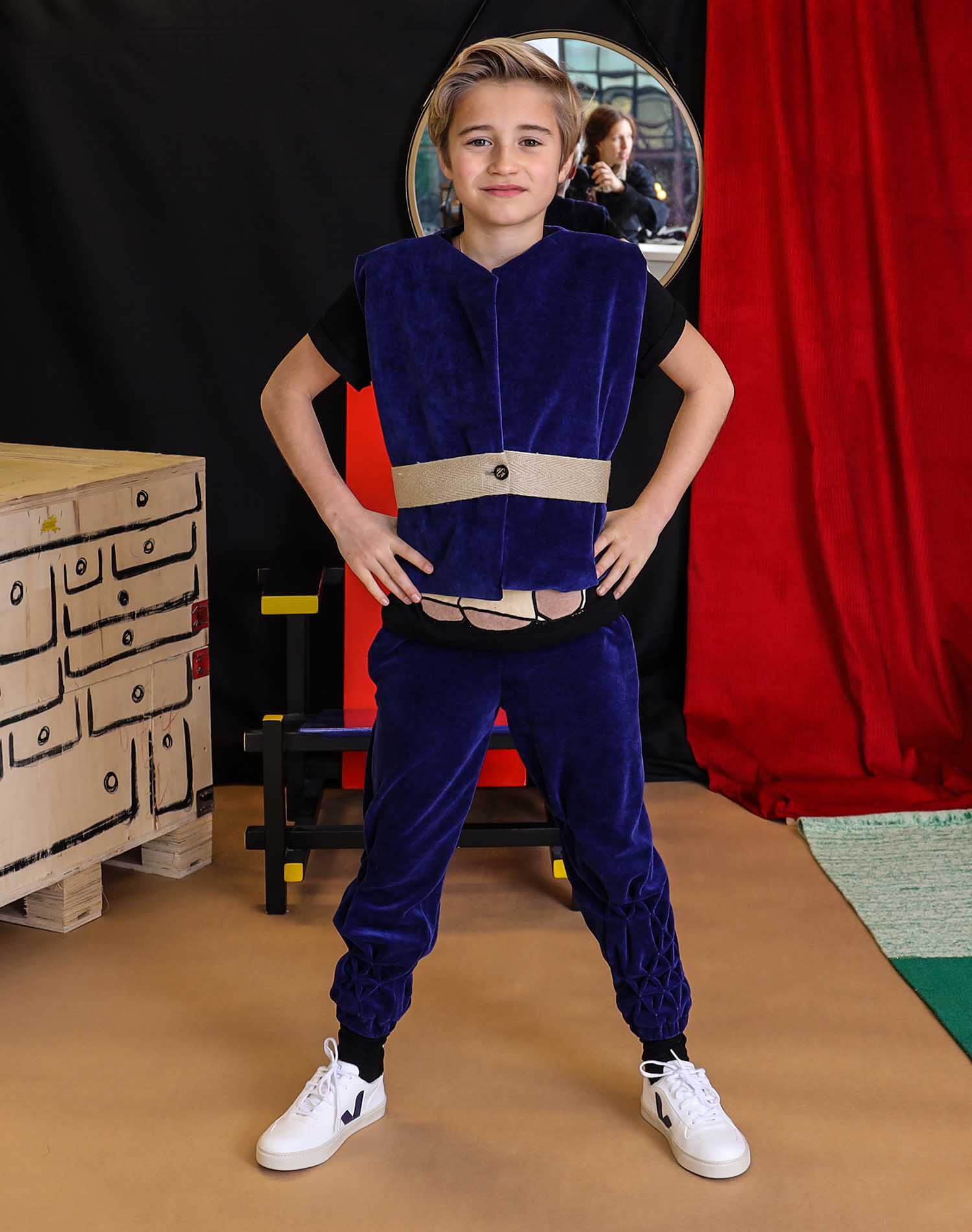 Kids Blue Velvet Track Pants with Hand Smock