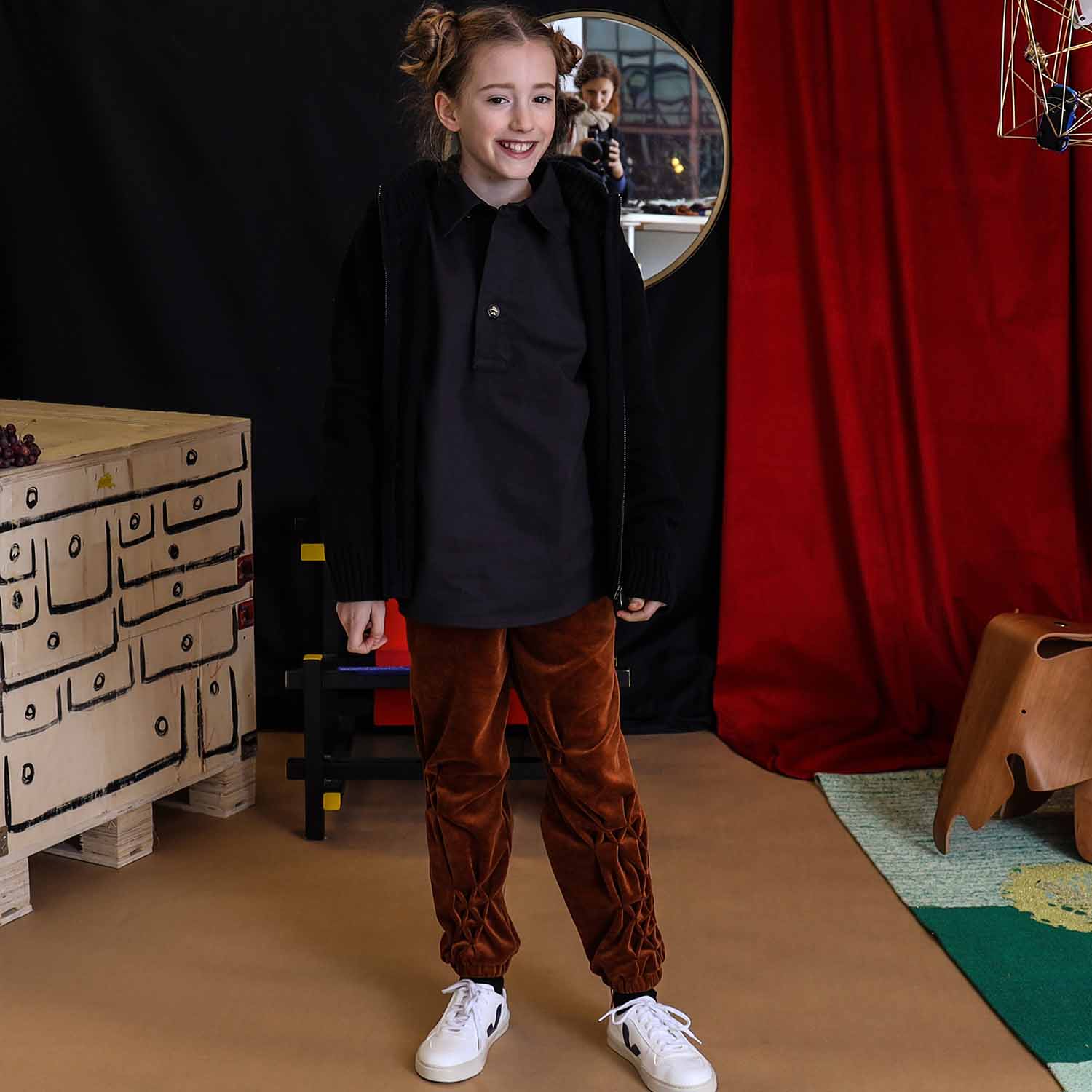 Kids Copper Velvet Track Pants with Hand Smock