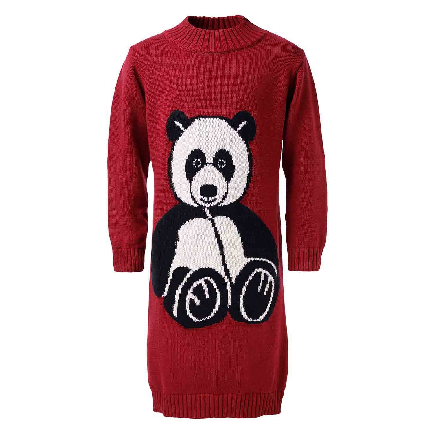 Red Knitted Girls Dress with Panda